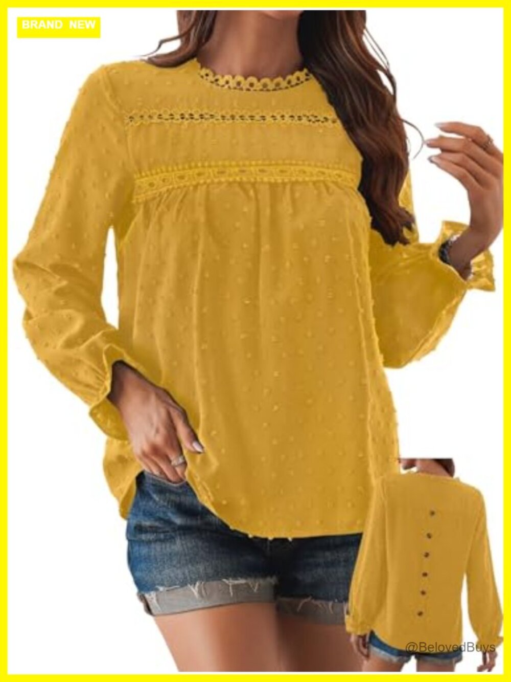Ruffle Long Sleeve Swiss Dot Blouse with Crochet Hollow Details